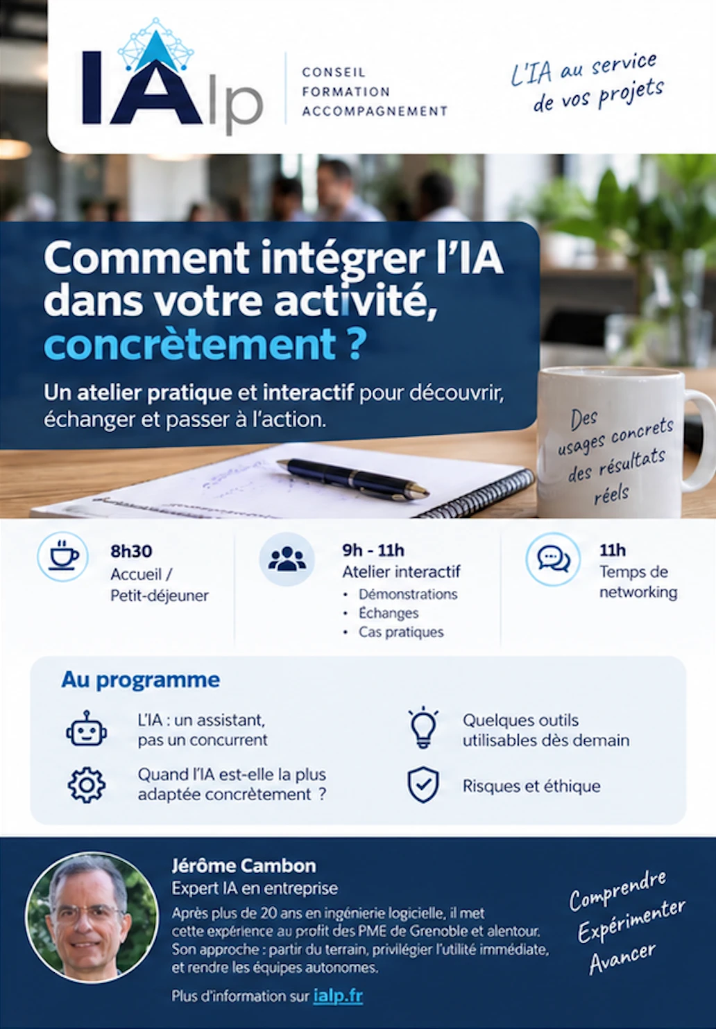 Premier flyer de l'atelier IA « Comment intégrer l'IA dans votre activité, concrètement ? », avec visuel, programme et présentation de l'intervenant