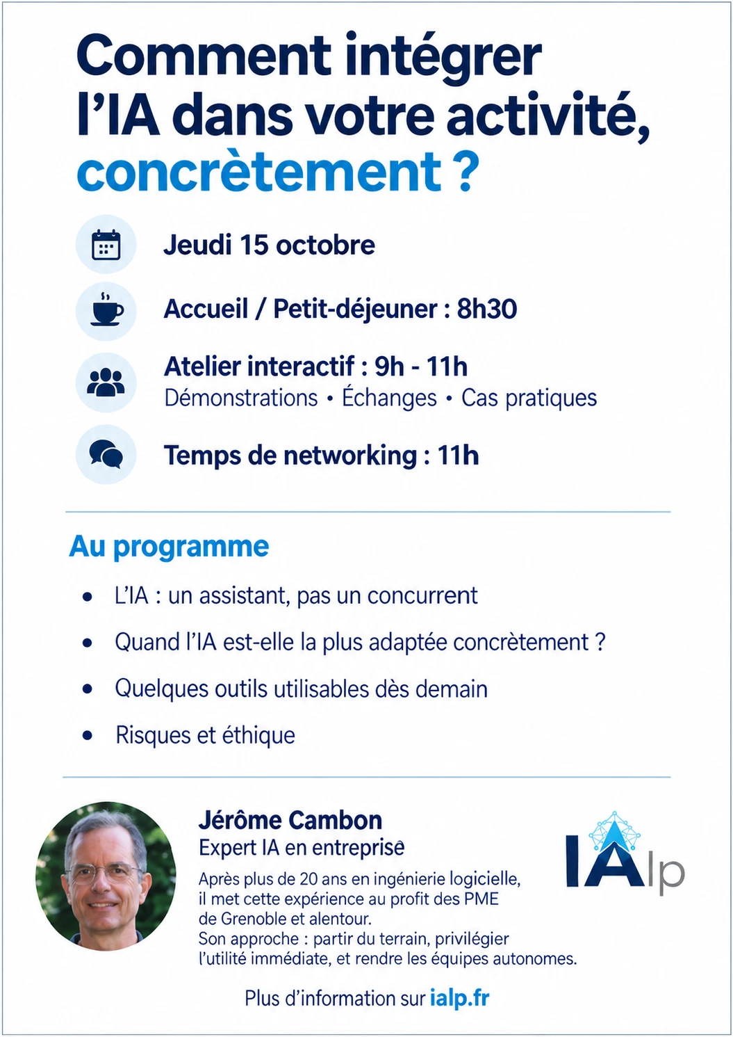 Second flyer de l'atelier IA, généré avec le même outil : fond blanc, texte sobre, sans visuel